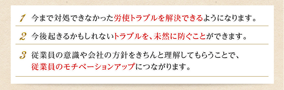 1.今まで対処できなかった労使トラブルを解決できるようになります。2.今後起きるかもしれないトラブルを、未然に防ぐことができます。3.従業員の意識や会社の方針をきちんと理解してもらうことで、従業員のモチベーションアップにつながります。