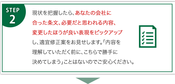 現状を把握したら、あなたの会社に合った条文、必要だと思われる内容、変更したほうが良い表現をピックアップし、適宜修正案をお見せします。「内容を理解していただく前に、こちらで勝手に決めてしまう」ことはないのでご安心ください。